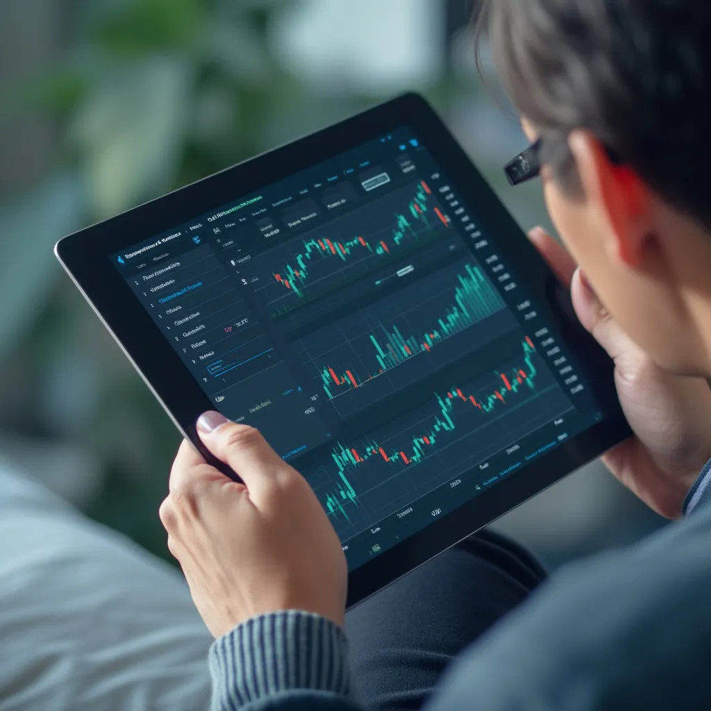 Expert financier utilisant un assistant IA sur tablette